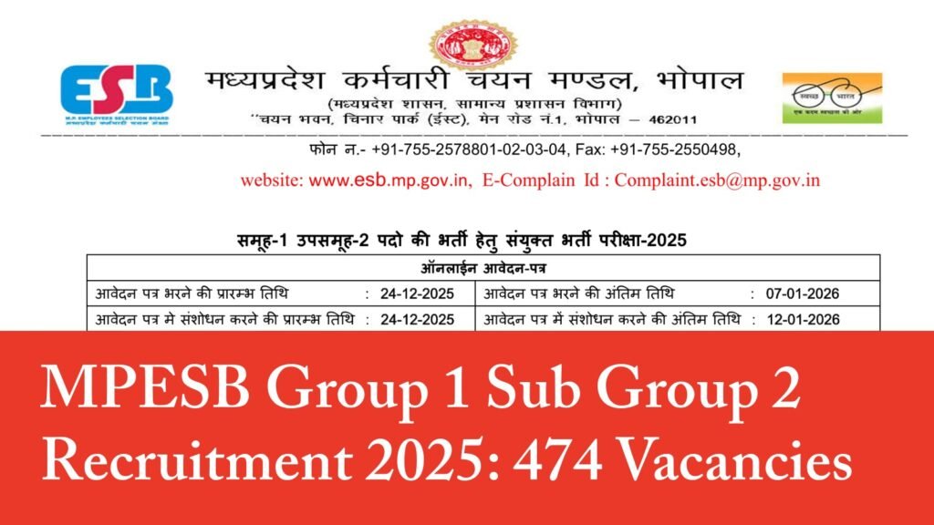 MPESB Group 1 Sub Group 2 Recruitment 2025-26 Notification for 474 Vacancies